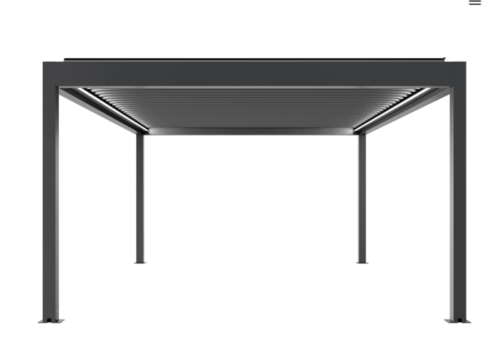 Moderne Pergola mit vier Säulen und verstellbarem Lamellendach aus Metall