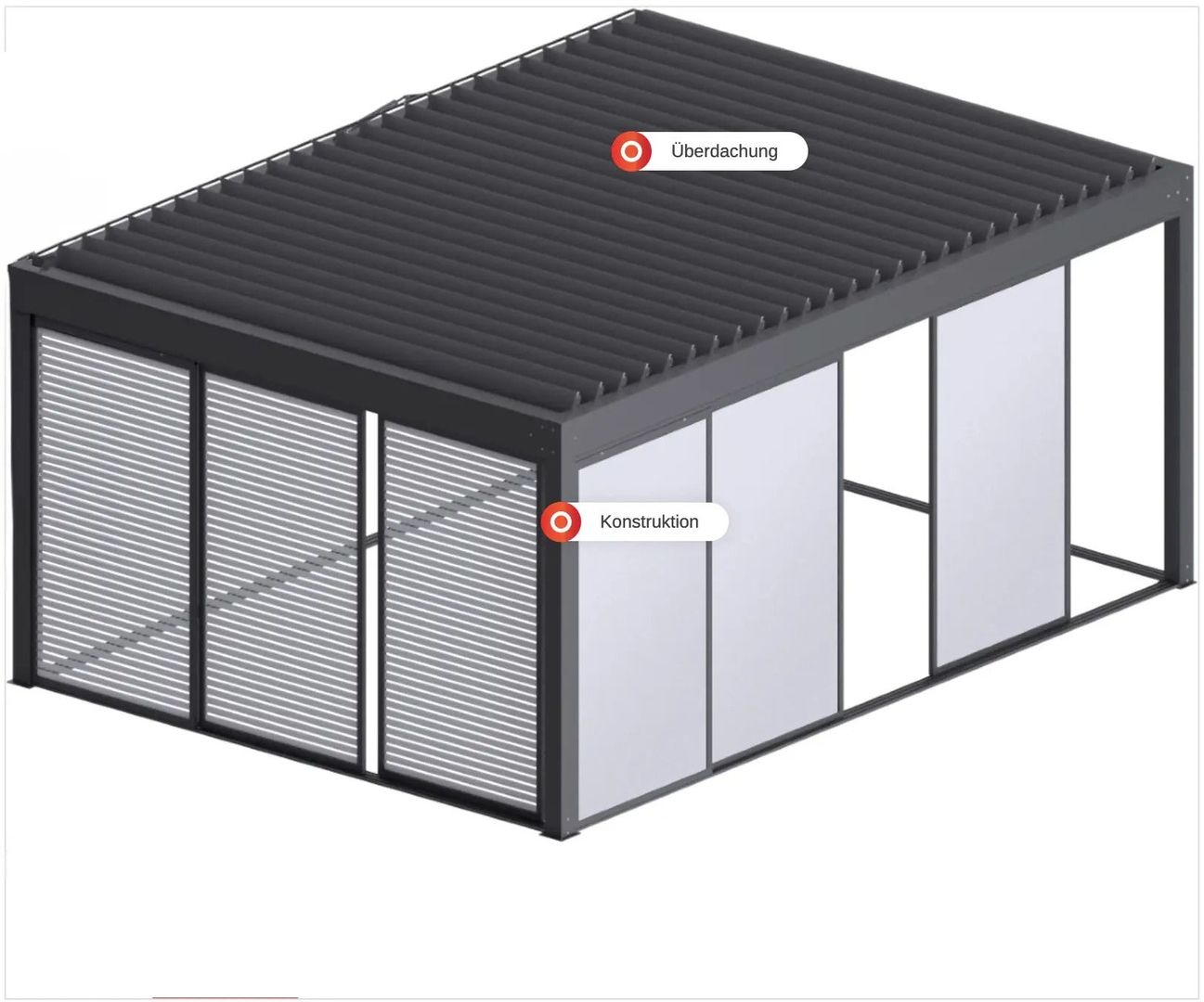 Moderne Pergola mit verstellbarer Überdachung und Aluminiumkonstruktion, teilweise mit Lamellenelementen und Glaswänden