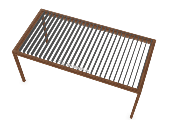 Ansicht von oben auf eine Aluminiumpergola in mittelbrauner Holzoptik auf weißem Hintergrund