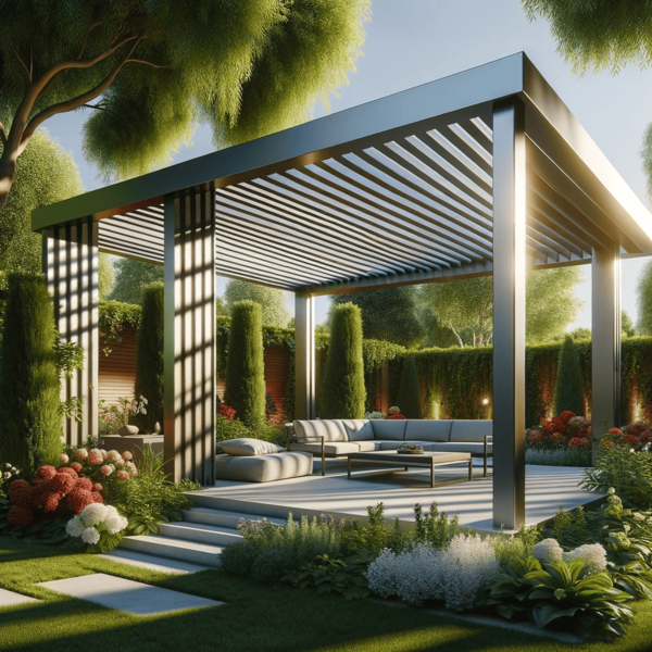 Moderner Pavillon mit verstellbarem Lamellendach, umgeben von Garten mit Sträuchern und Blumen