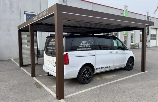 Dunkelbraunes Carport-Dach auf vier Säulen, das ein schwarzweißes Auto auf einem Parkplatz umgibt